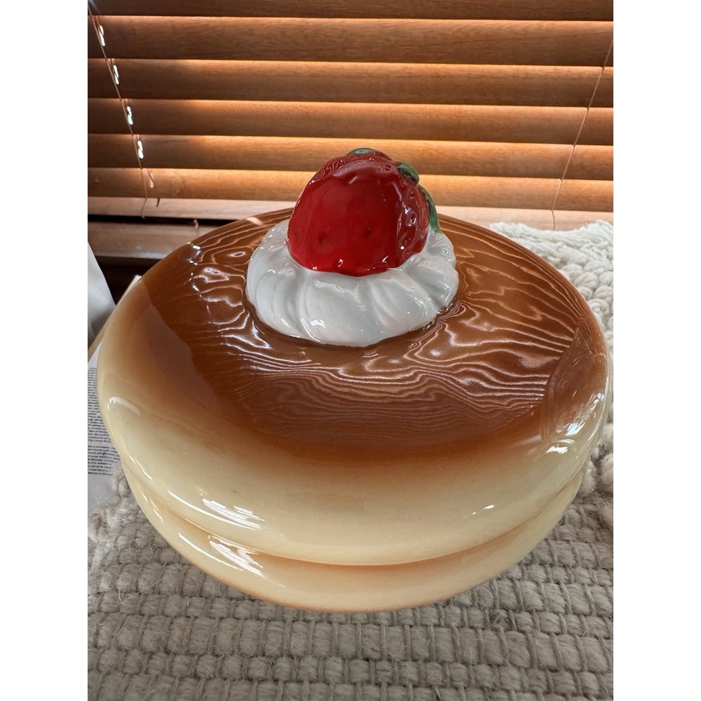 Ceramic pancake stack W Whip cream Strawberries Lid Decor Piece